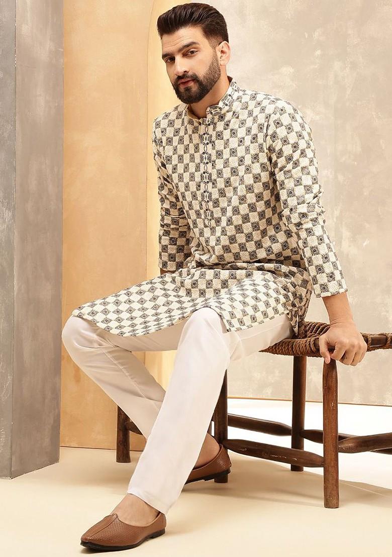 Beige Embroidered Poly Blend Kurta Set For Men