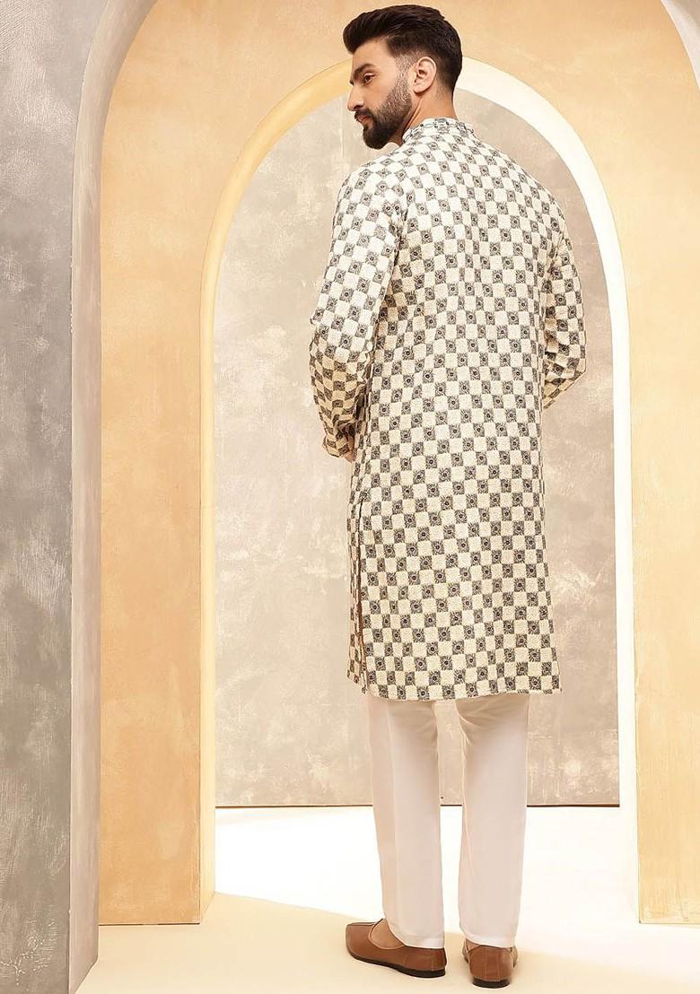 Beige Embroidered Poly Blend Kurta Set For Men