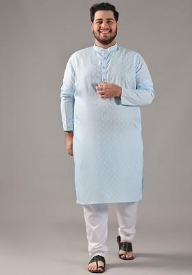 Turquoise Blue Ethnic Motifs Poly Blend Kurta Set For Men