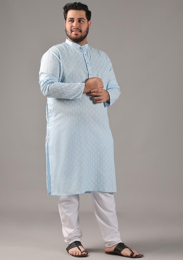 Turquoise Blue Ethnic Motifs Poly Blend Kurta Set For Men