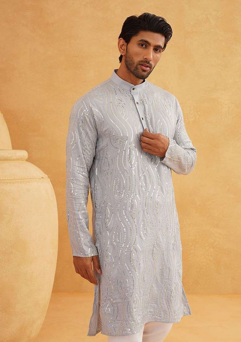 Grey Embroidered Cotton Kurta Set For Men - Indya