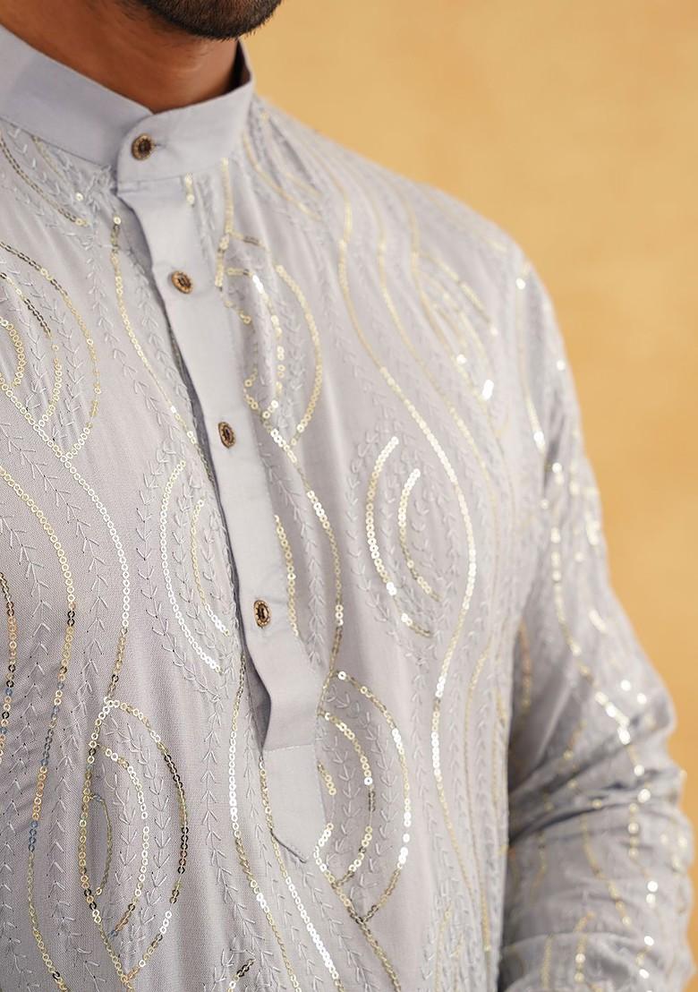Grey Embroidered Cotton Kurta Set For Men