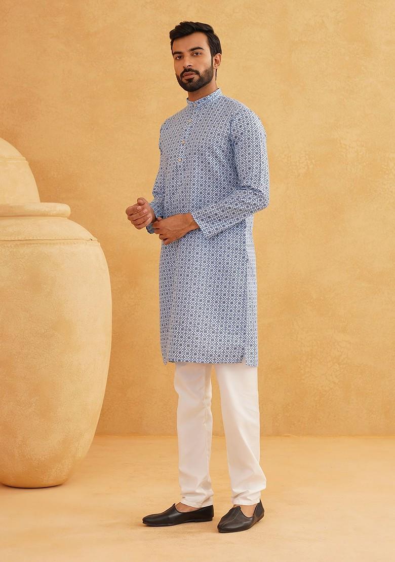 Blue Printed Cotton Kurta Set For Men