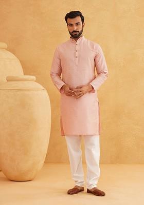 Pink Thread Work Poly Blend Kurta Set For Men