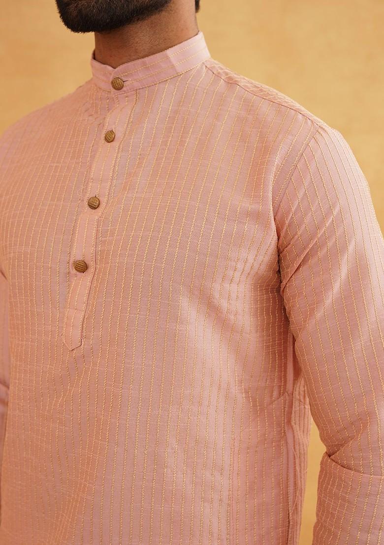 Pink Thread Work Poly Blend Kurta Set For Men