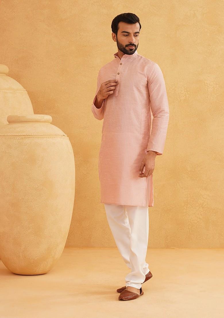 Pink Thread Work Poly Blend Kurta Set For Men