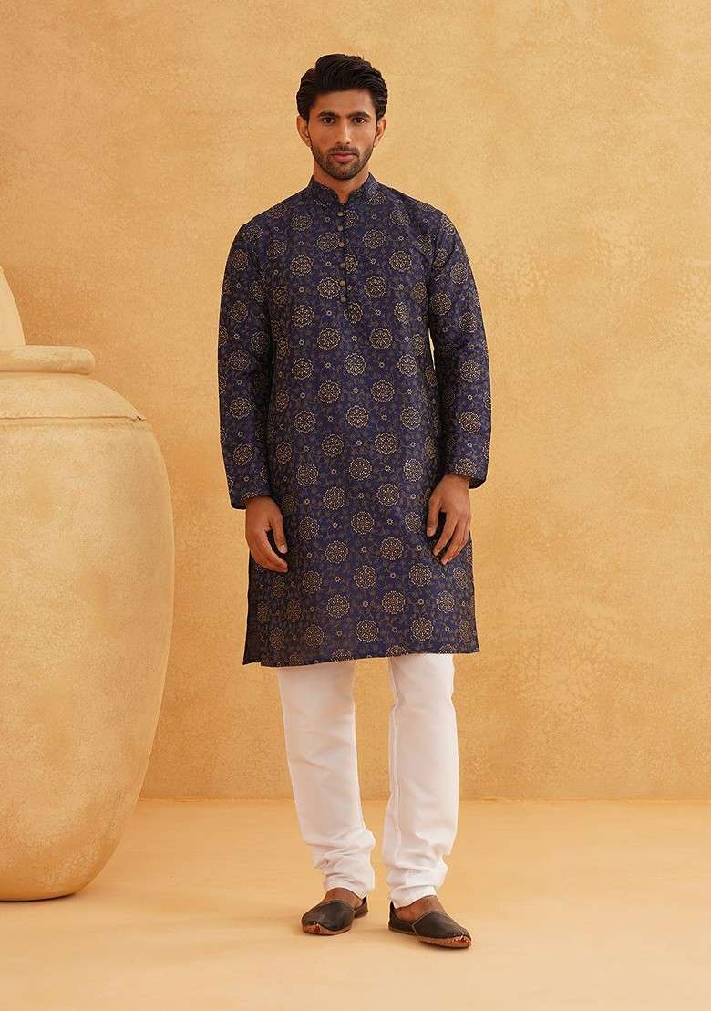 Navy Blue Printed Poly Blend Kurta Set For Men - Indya