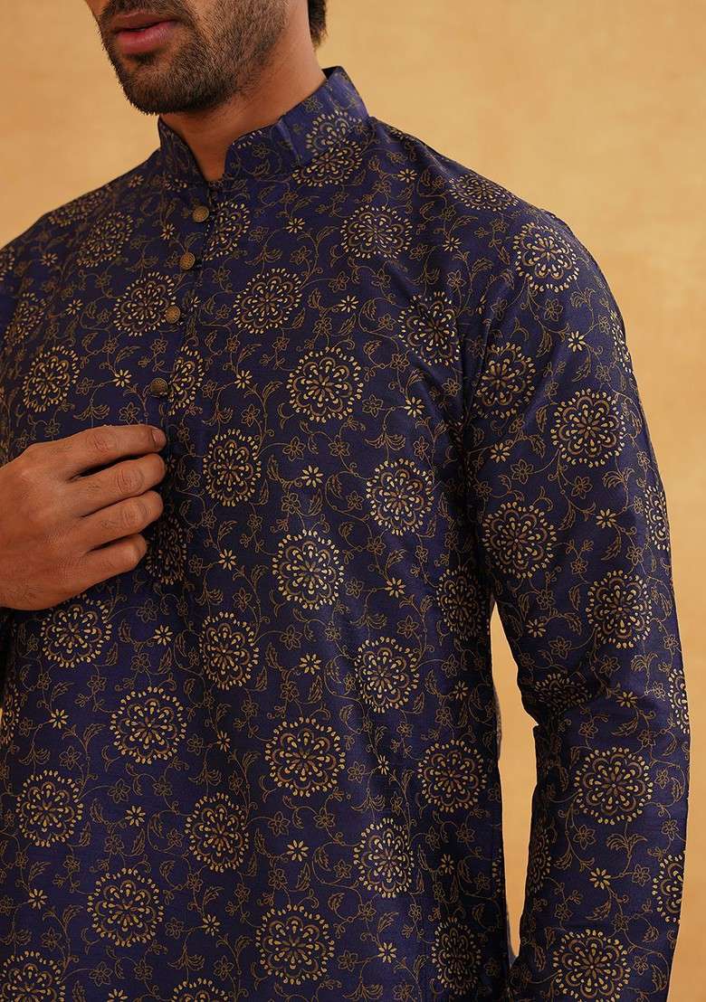Navy Blue Printed Poly Blend Kurta Set For Men - Indya