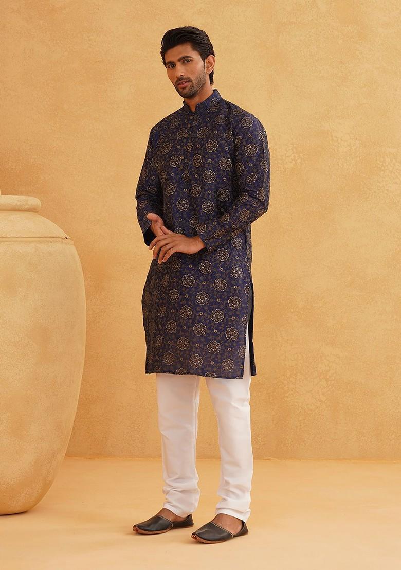 Navy Blue Printed Poly Blend Kurta Set For Men