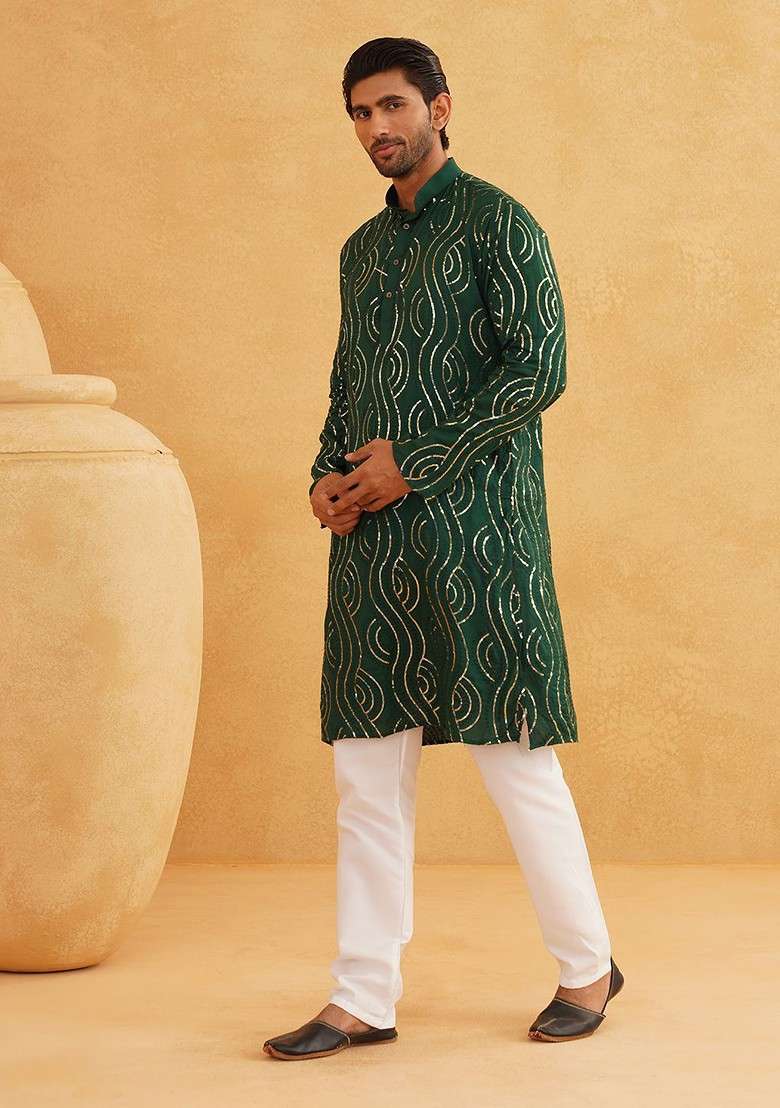 Green Sequin Work Cotton Kurta Set For Men - Indya