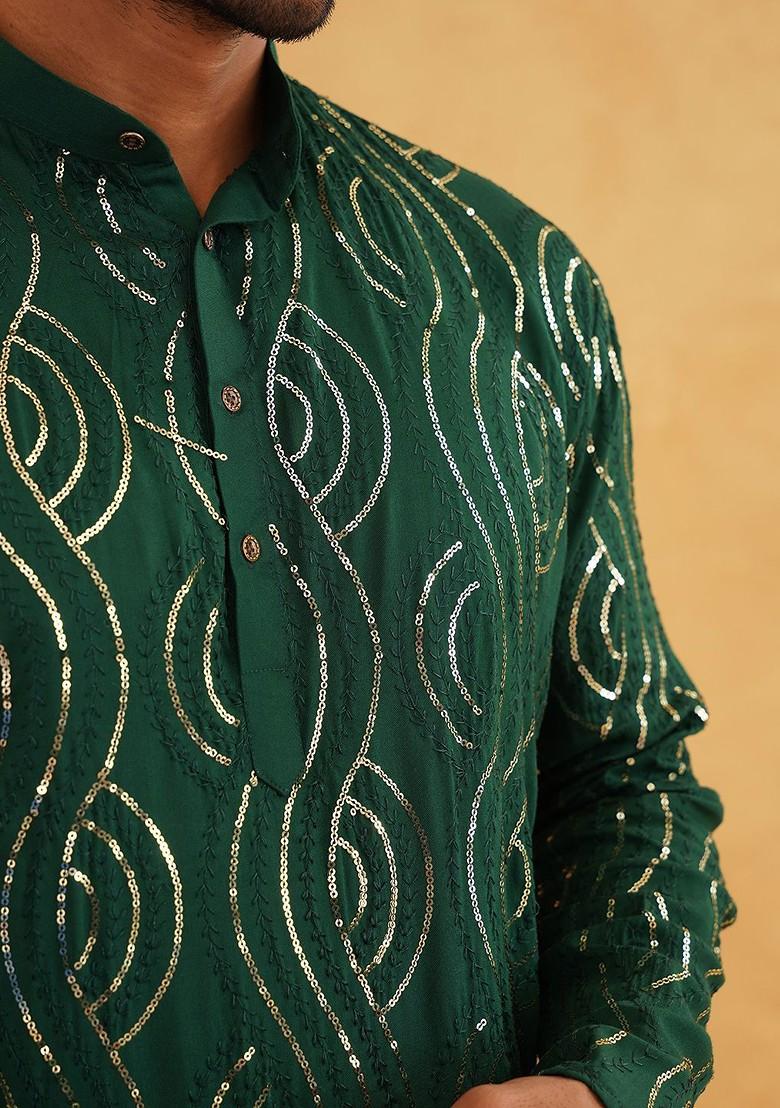 Green Sequin Work Cotton Kurta Set For Men