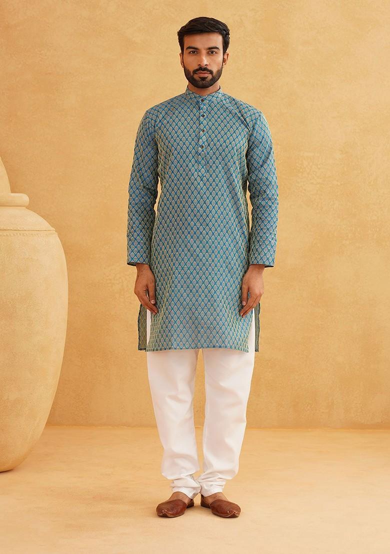 Blue Ethnic Motifs Poly Blend Kurta Set For Men