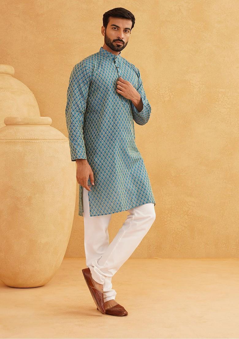 Blue Ethnic Motifs Poly Blend Kurta Set For Men