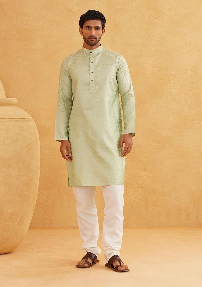 Green Ethnic Motifs Poly Blend Kurta Set For Men