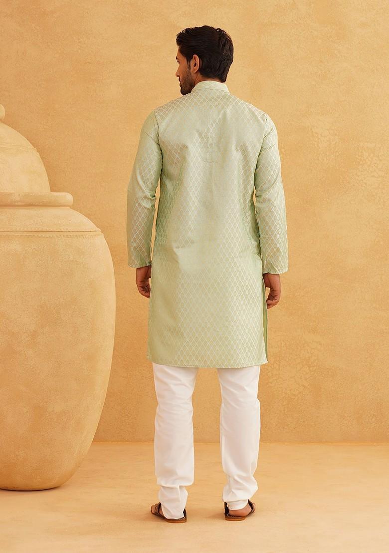 Green Ethnic Motifs Poly Blend Kurta Set For Men