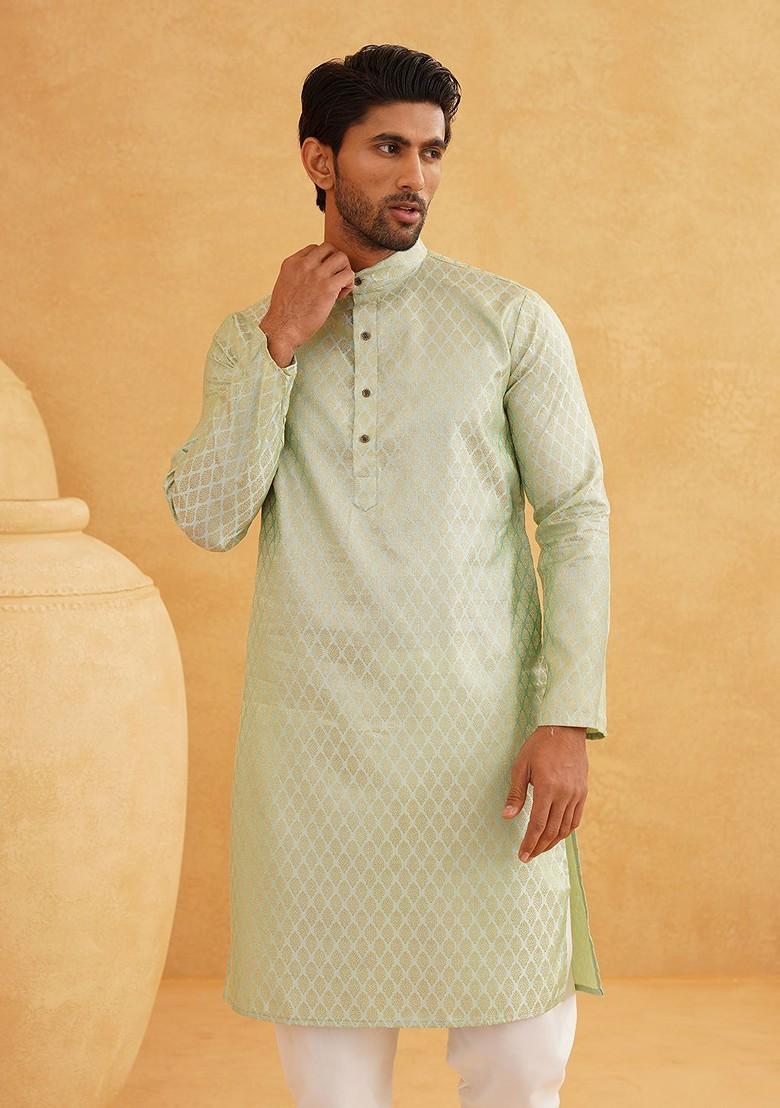 Green Ethnic Motifs Poly Blend Kurta Set For Men