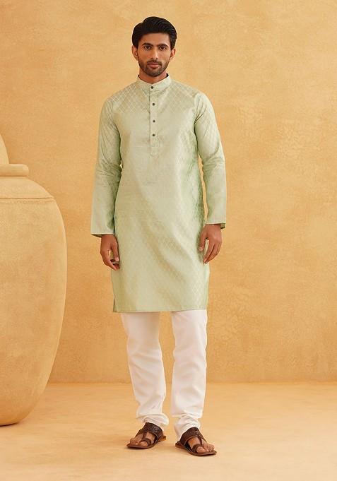 Green Ethnic Motifs Poly Blend Kurta Set For Men