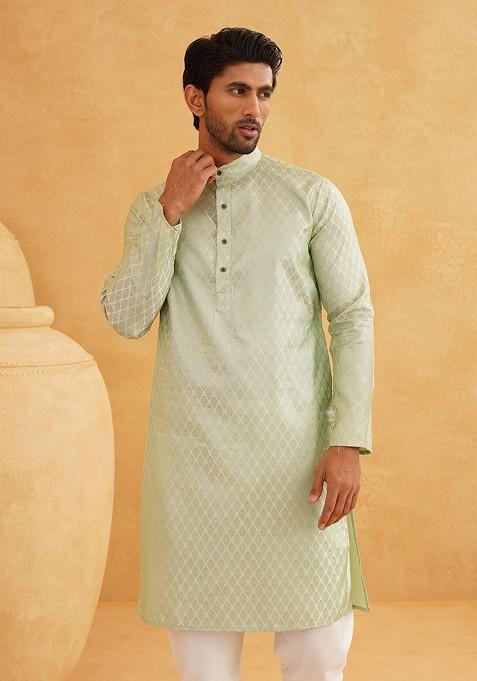 Green Ethnic Motifs Poly Blend Kurta Set For Men