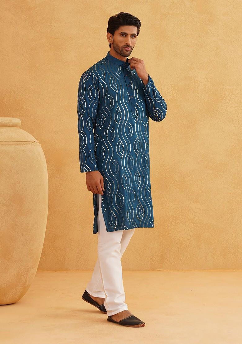Teal Blue Sequin Work Cotton Kurta Set For Men