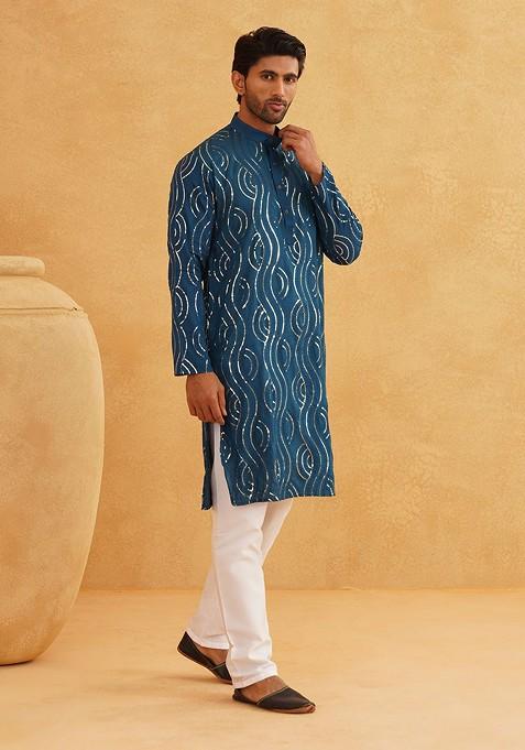 Teal Blue Sequin Work Cotton Kurta Set For Men