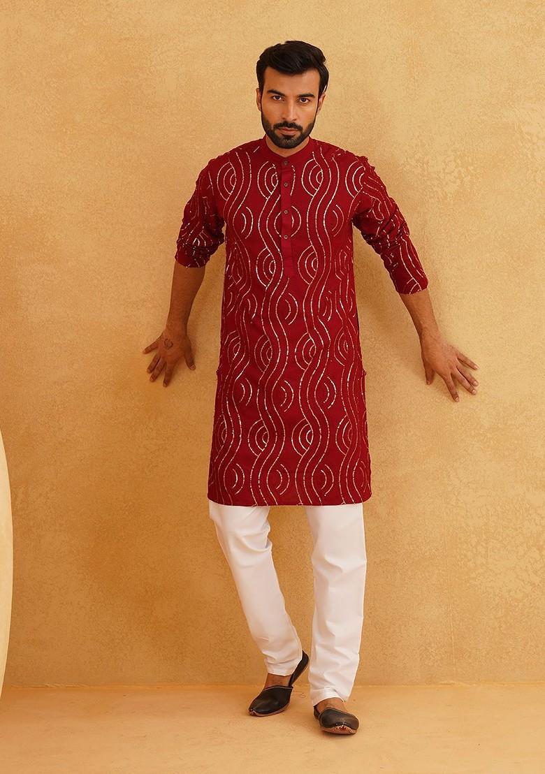 Maroon Sequin Work Cotton Kurta Set For Men