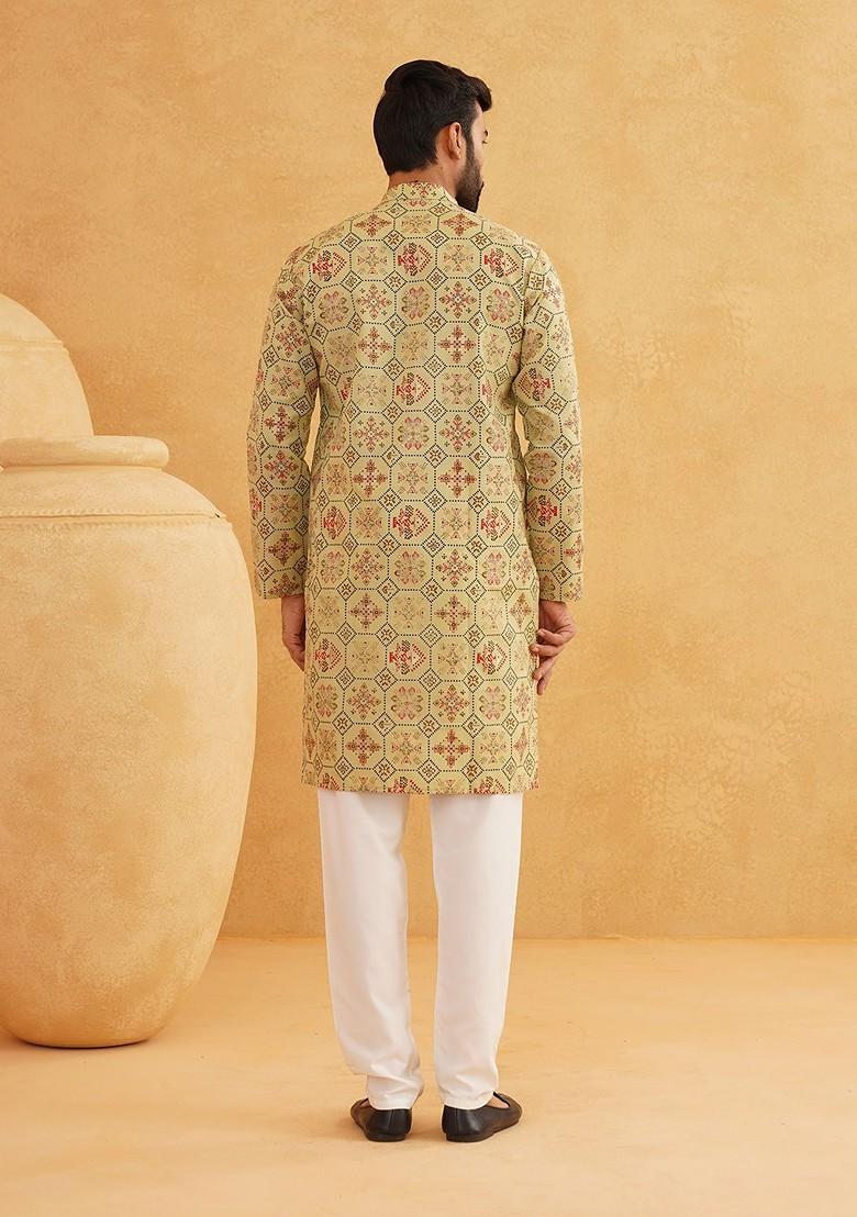 Green Ethnic Motifs Poly Blend Kurta Set For Men
