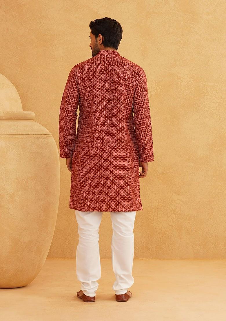 Maroon Ethnic Motifs Cotton Kurta Set For Men