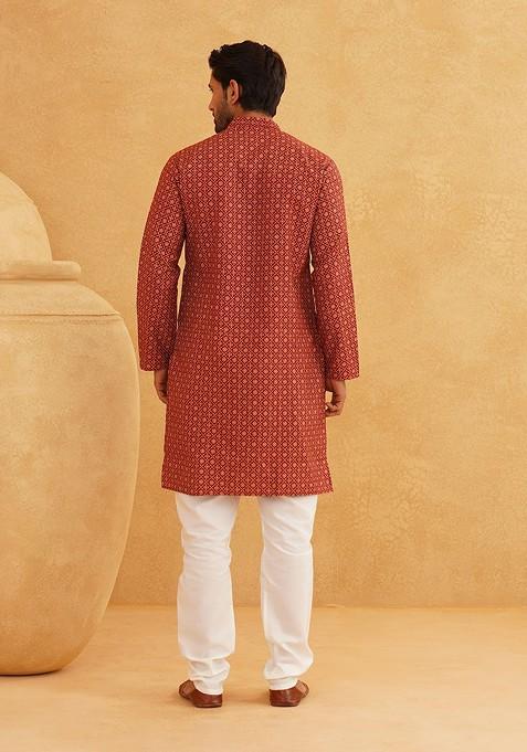 Maroon Ethnic Motifs Cotton Kurta Set For Men