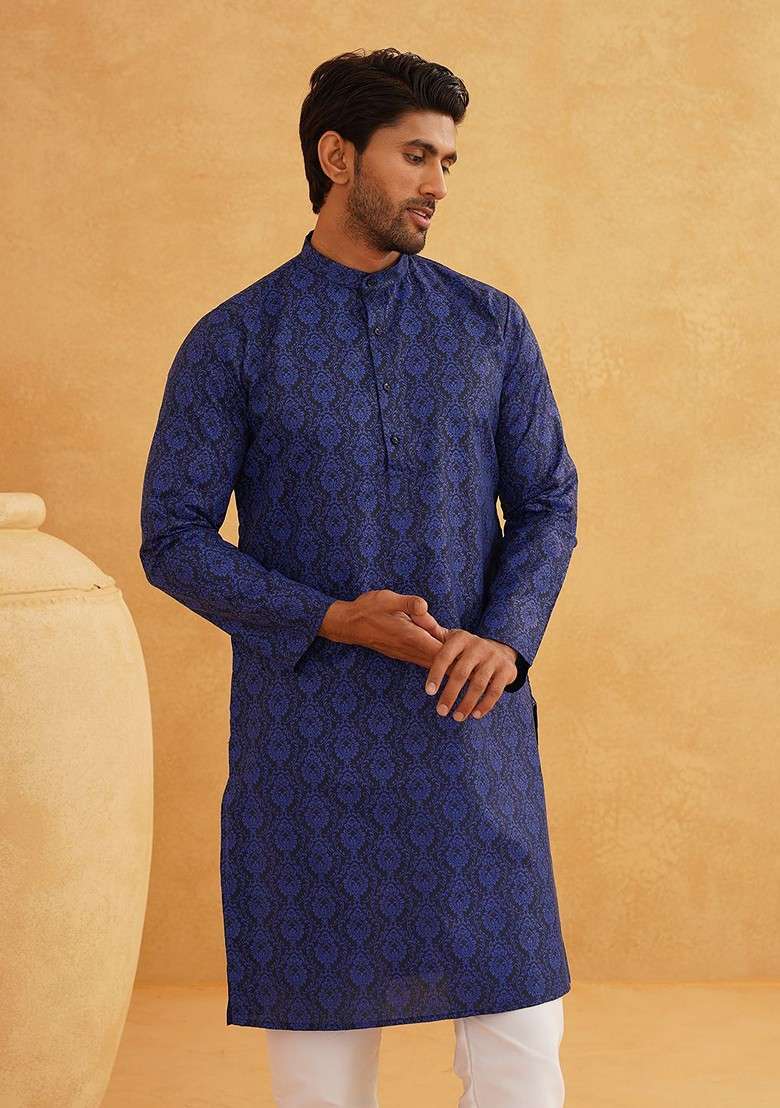 Navy Blue Printed Poly Blend Kurta Set For Men - Indya