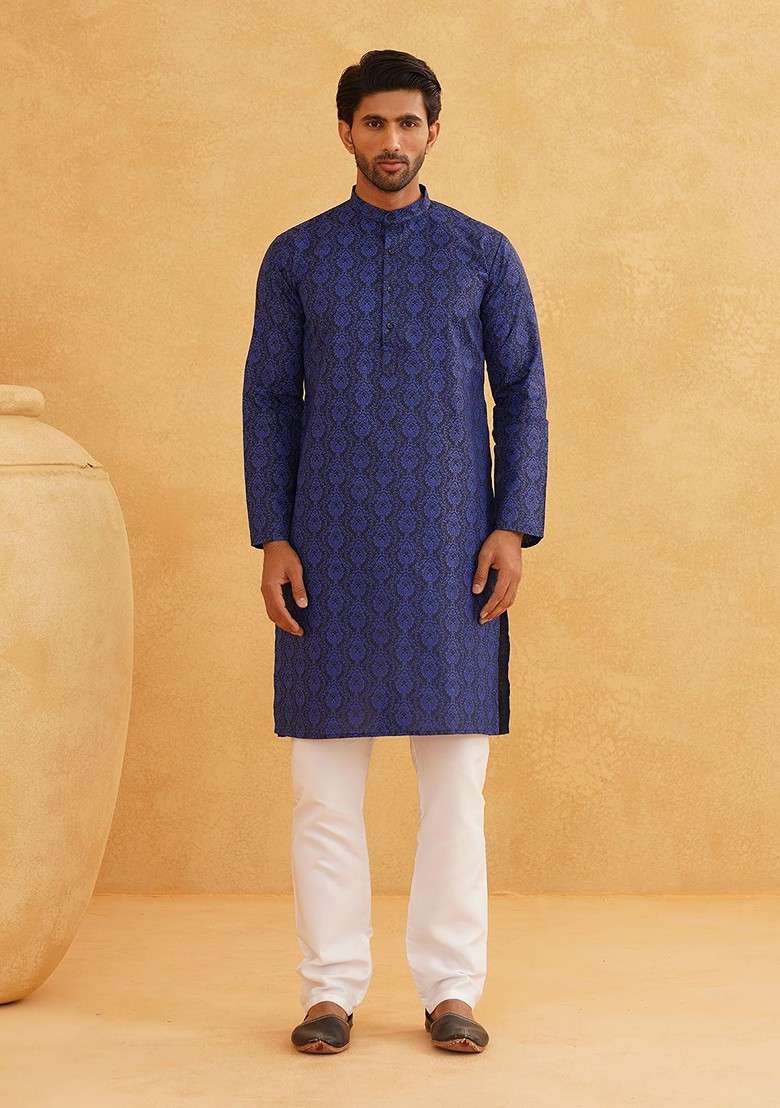 Navy Blue Printed Poly Blend Kurta Set For Men - Indya