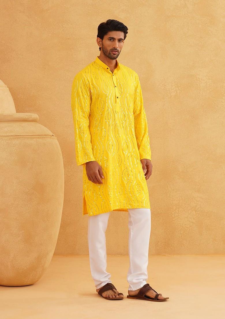 Mustard Sequin Work Cotton Kurta Set For Men