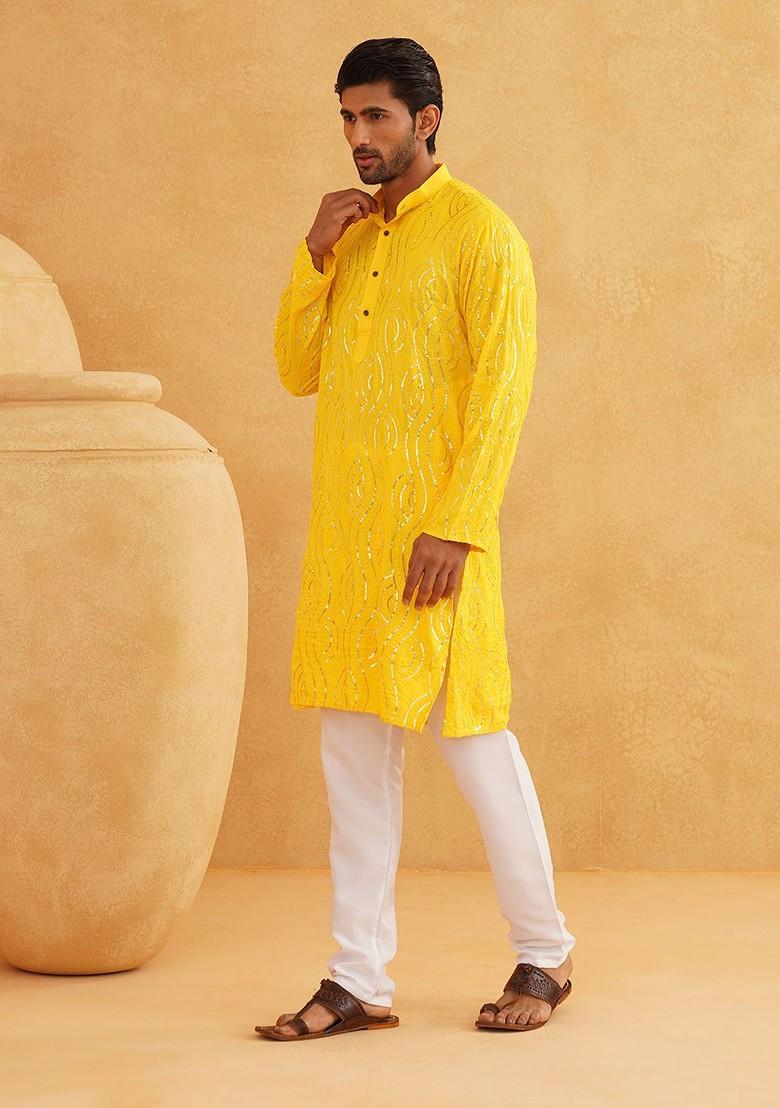 Mustard Sequin Work Cotton Kurta Set For Men
