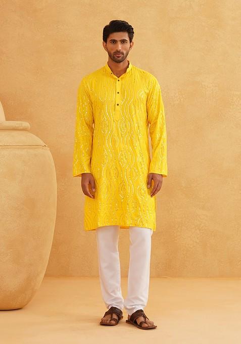 Mustard Sequin Work Cotton Kurta Set For Men