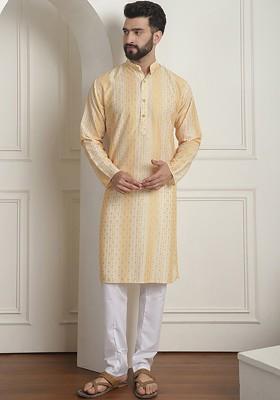 Mustard Printed Poly Blend Kurta Set For Men