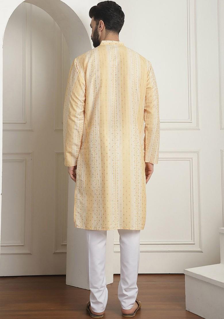 Mustard Printed Poly Blend Kurta Set For Men