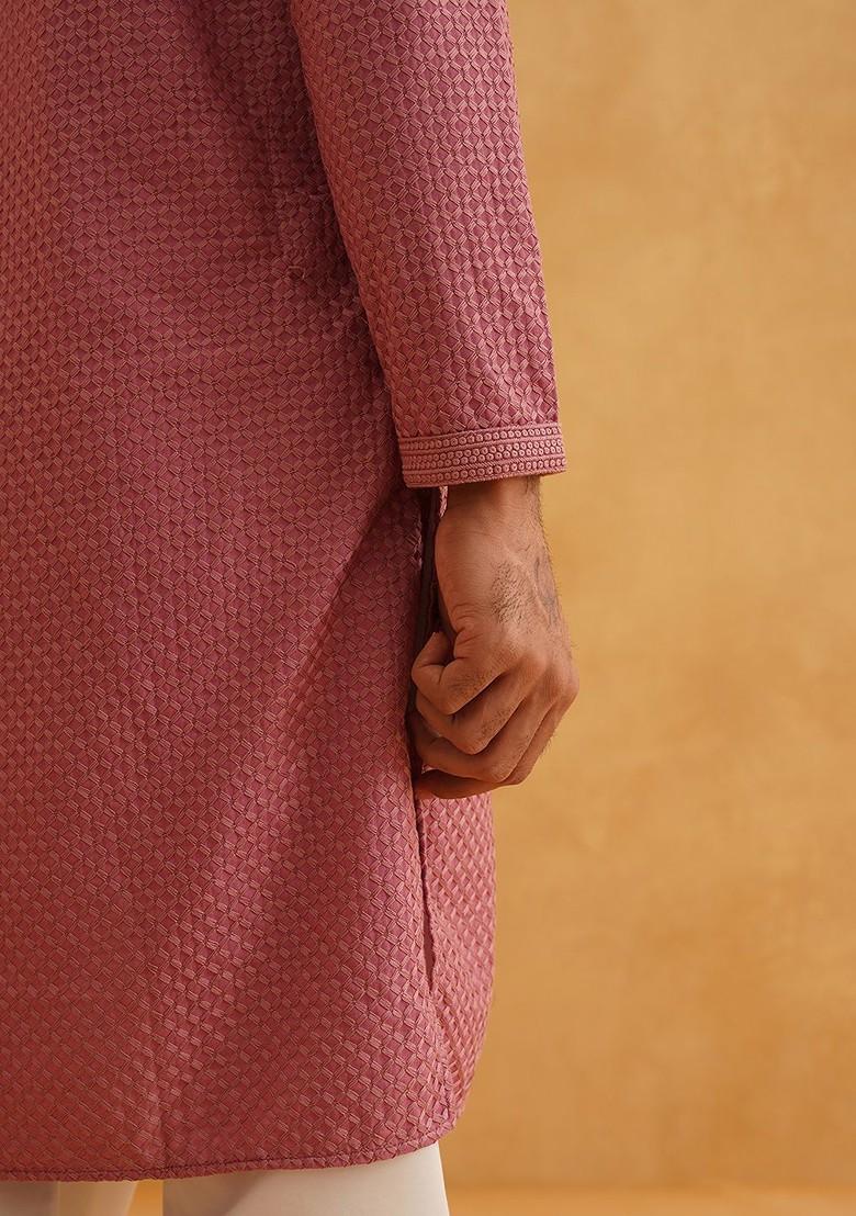 Coral Pink Thread Work Cotton Kurta Set For Men