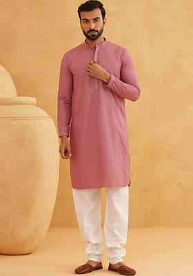 Coffee Brown Thread Work Cotton Kurta Set For Men
