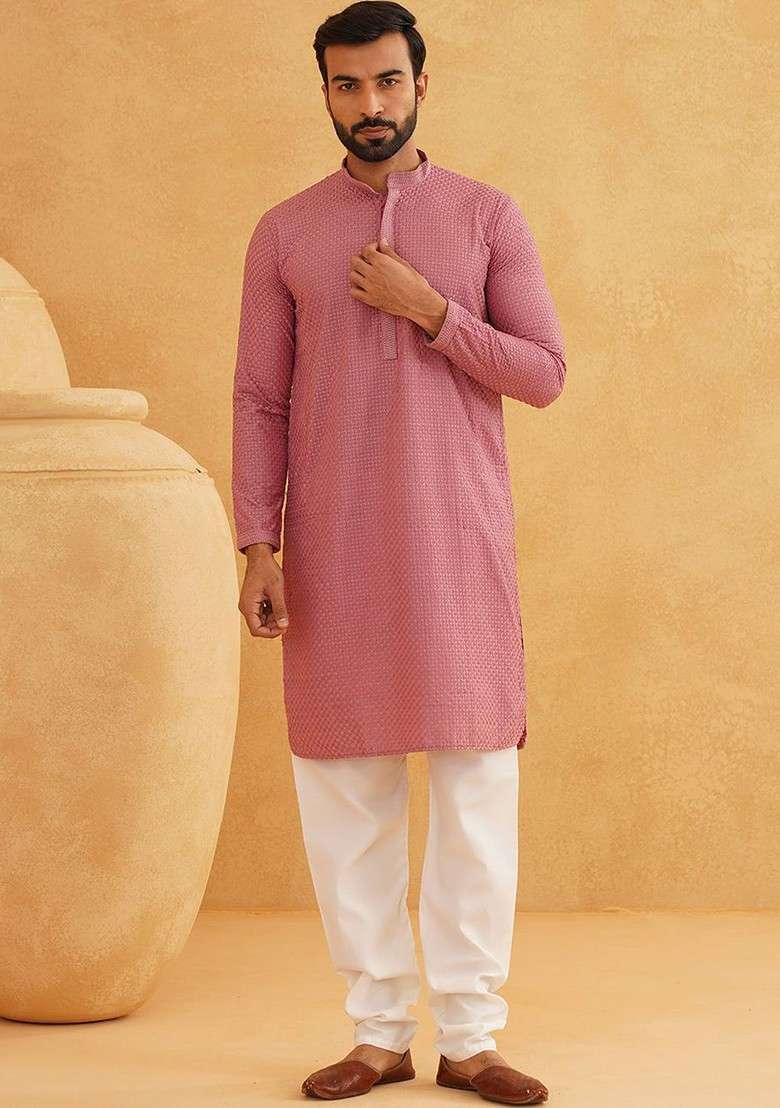 Coffee Brown Thread Work Cotton Kurta Set For Men - Indya