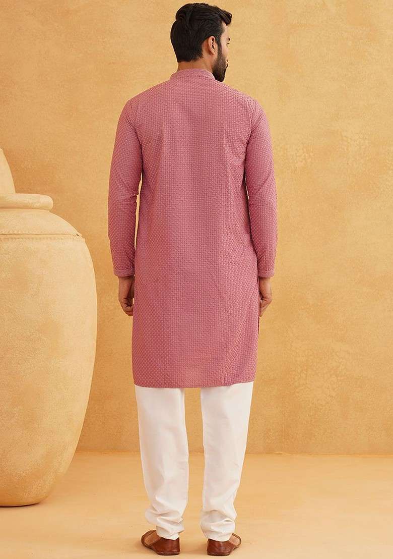 Coffee Brown Thread Work Cotton Kurta Set For Men - Indya