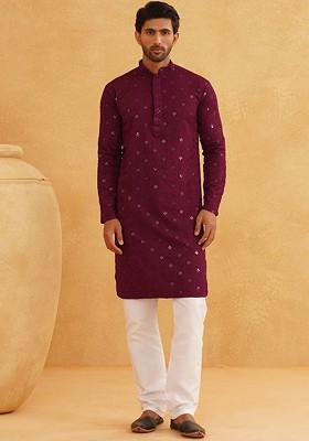 Purple Embroidered Cotton Kurta Set For Men