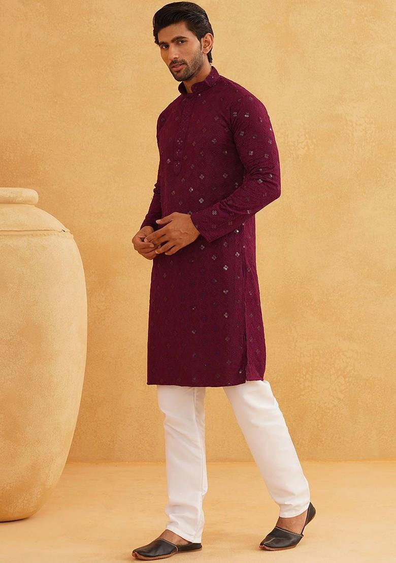 Purple Embroidered Cotton Kurta Set For Men