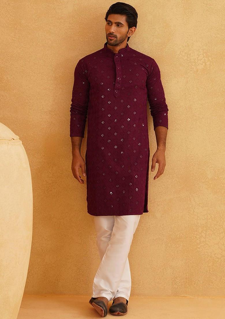 Purple Embroidered Cotton Kurta Set For Men