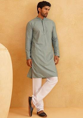 Sea Green Thread Work Cotton Kurta Set For Men
