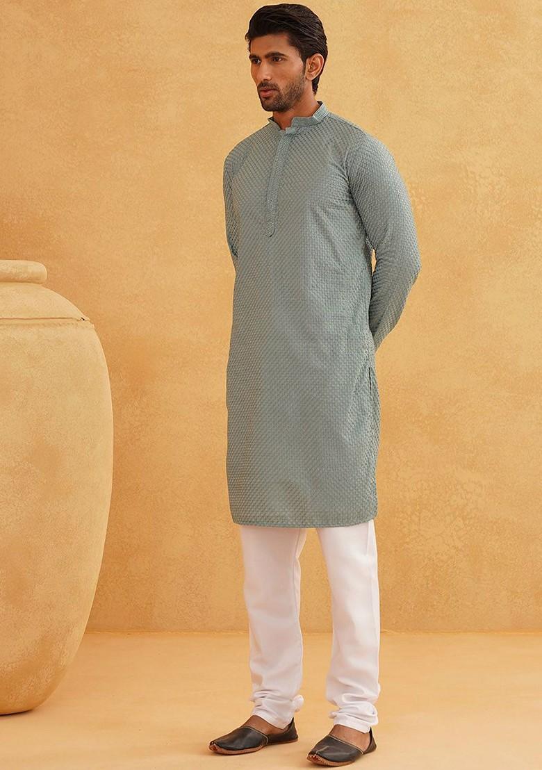 Sea Green Thread Work Cotton Kurta Set For Men