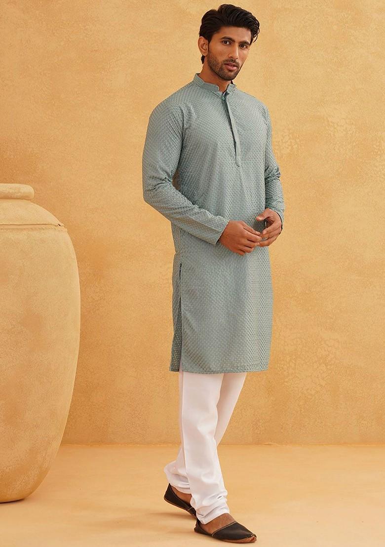 Sea Green Thread Work Cotton Kurta Set For Men