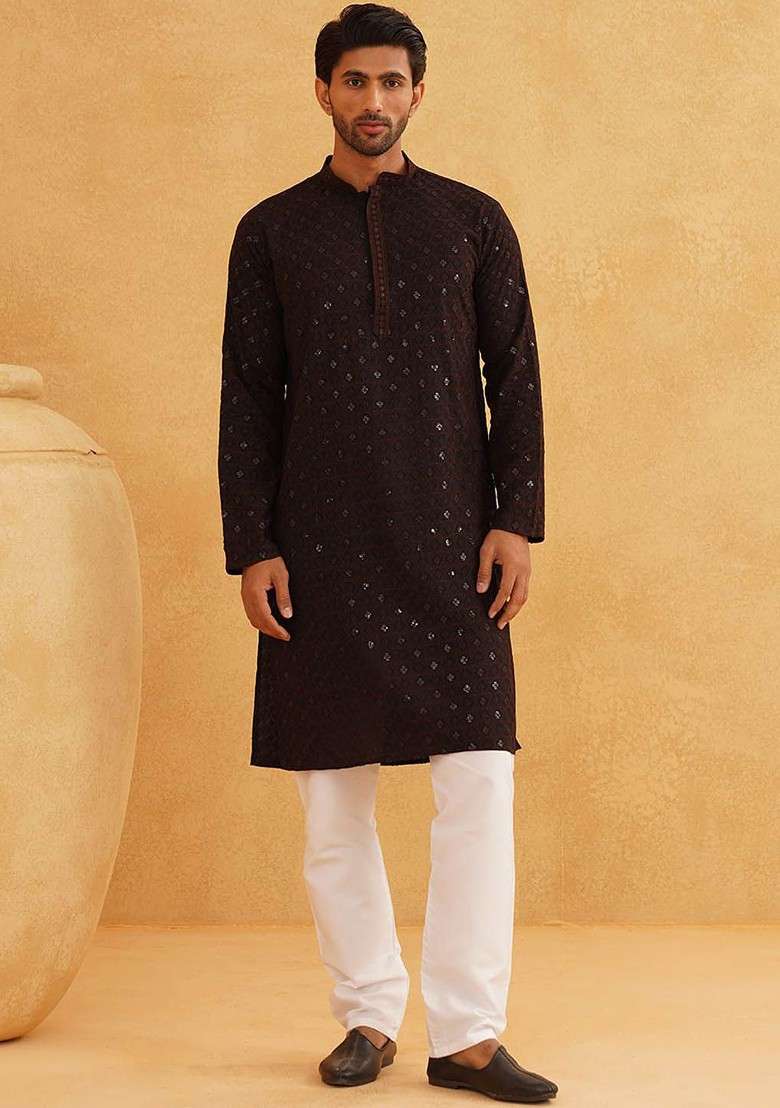 Coffee Brown Embroidered Cotton Kurta Set For Men - Indya