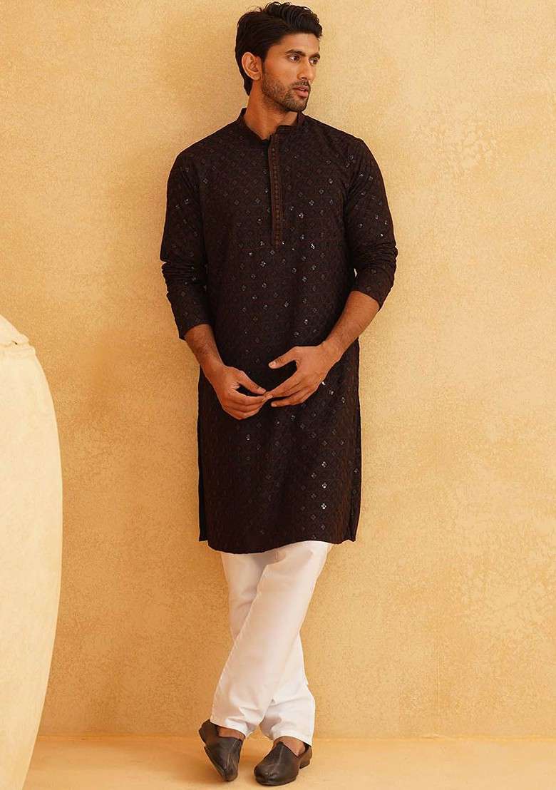 Coffee Brown Embroidered Cotton Kurta Set For Men - Indya
