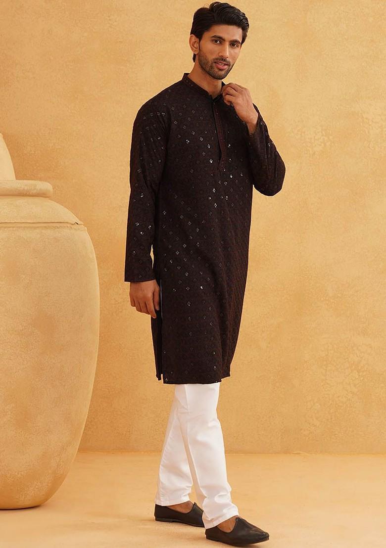 Coffee Brown Embroidered Cotton Kurta Set For Men