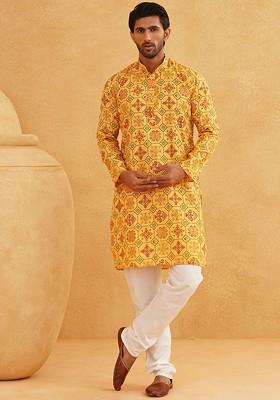 Yellow Ethnic Motifs Poly Blend Kurta Set For Men