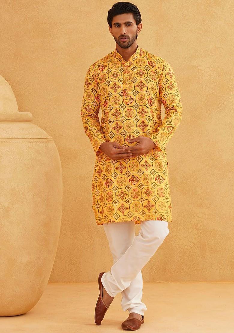 Yellow Ethnic Motifs Poly Blend Kurta Set For Men